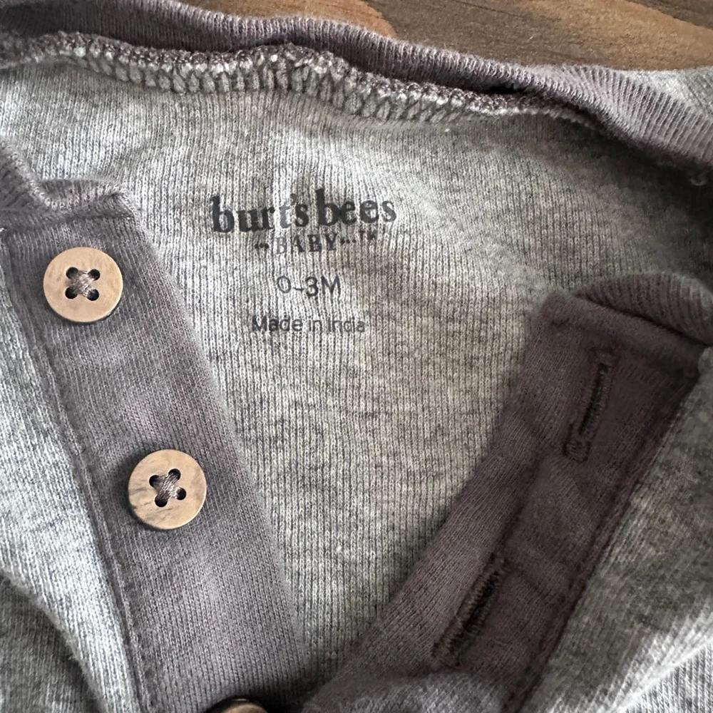 Burts Bees Baby 0-3M Gray Footie Henley Elbow Patch